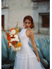 Halter Neck Ivory Lace Tulle Keyhole Back Wedding Dress